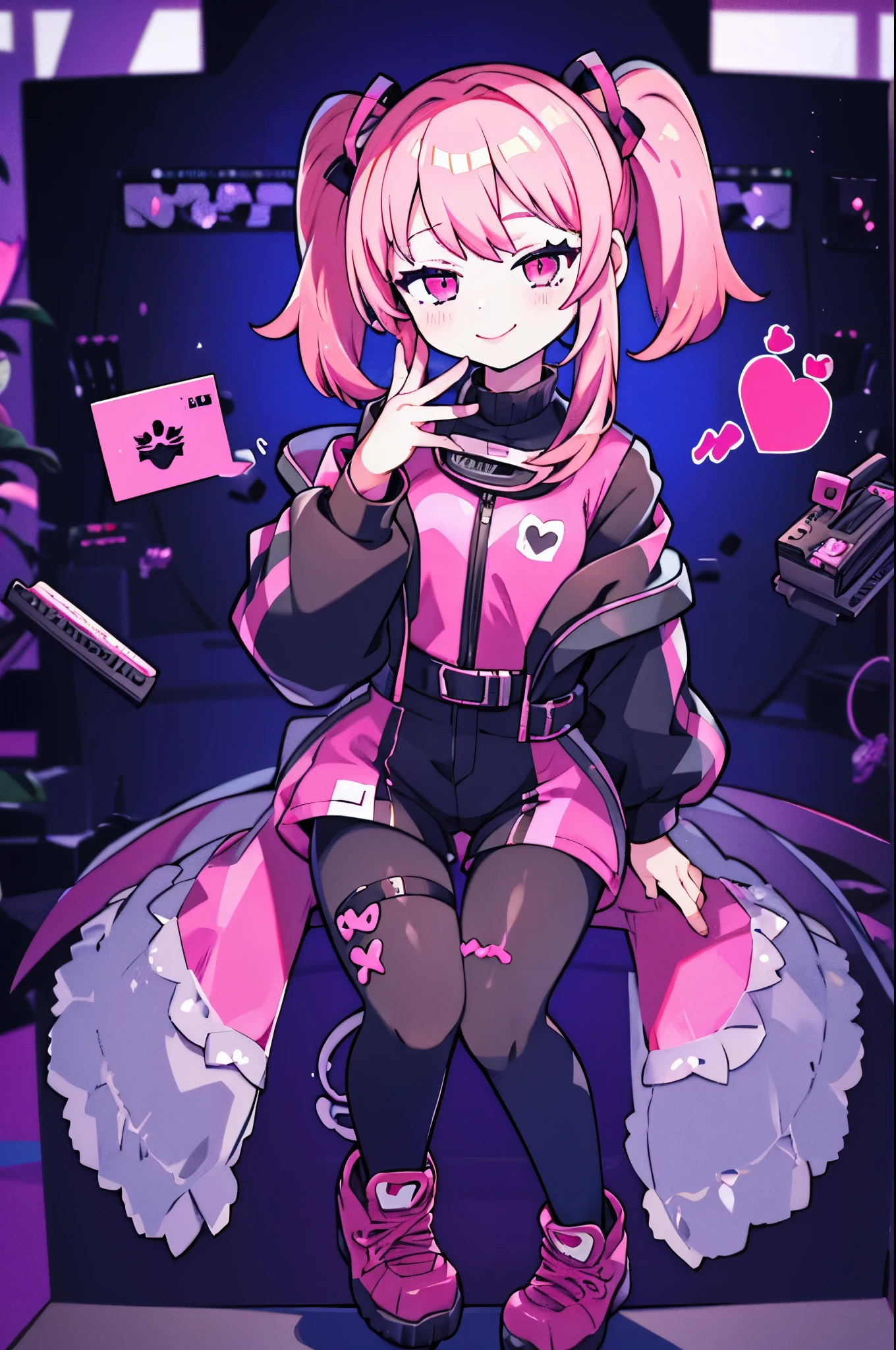 Cute, 1girl, pink hair twintails, black jacket, black tight shorts, see through pantyhose, smile, pink eyes with heart in it, music