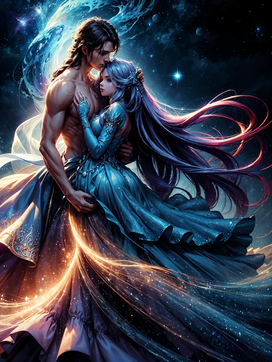 a beautiful girl dancing with a handsome prince in a magical cosmic landscape, long flowing hair, elegant dress, prince in formal prince attire, mystical celestial background with stars and galaxies, moonlight, cinematic lighting, intricate details, photo-realistic, highly detailed, digital art, matte painting style, dramatic colors, glowing energy, ethereal, romantic, dreamlike