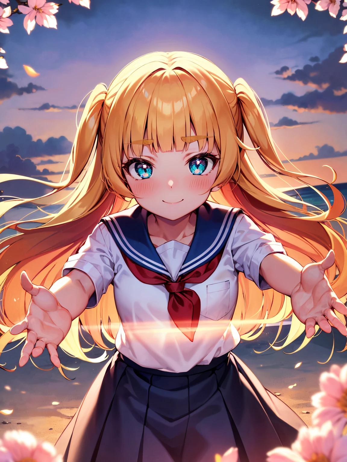 (( best quality, masterpiece, 4k, 8k, 16k, absurdrity,)), Ultra-Wide Angle, anime style, ray tracing, 1girl, smile, blunt bangs, drooping eyebrows, aqua eyes, glowing eyes, meadow, flying flowers, smile, curtsy, heart-shaped pupils, white serafuku, blue sailor collar, red neckerchief, long white shirt, hemline trim, flowing pleated skirt, lace-trimmed skirt, BREAK looking_at_viewer, (cross arms:1.2), blush, (facing shot:1.2), ultrahires, sunrise backlighting, cloudy, purple and blue gradient sky, butterflies, award winning, vibrant colors, flowers flying, bloom