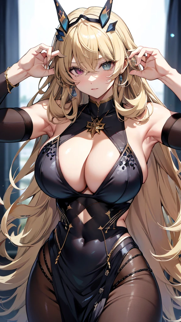 barghest,heterochromia,blonde hair,horns,like-a-lady,(gigantic breasts),cleavage,navel,muscular,abs,oil,masterpiece,Noise Reduction,perfect anatomy,high resolution, ultra-detailed, ultra-detailed face,game cg,dutch angle ,beautiful detailed eyes,visualart,five fingers, perfect hands, perfect lighting, sparkling pupils,