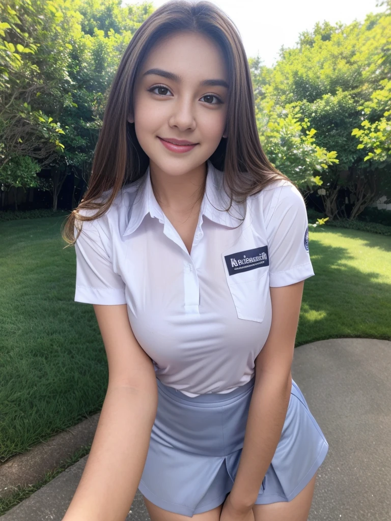 1girl, solo, (uniform), standing, outdoors, face at center frame, scene, detailed face, seductive smile, detailed eyes, thick breasts, smooth skin, tight white shirt, grey blue short skirt, looking at the audience, low angle shot,(8k, RAW photo, best quality, masterpiece: 1.2), (realistic, realistic: 1.37), ultra-high resolution