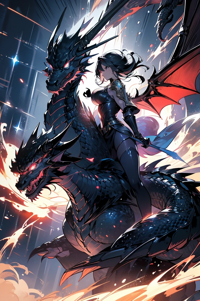 4 young men and women(Highest quality,Extremely detailed depiction,Incredible high resolution,Anatomically accurate depiction),(Glowing Skin,Glowing Skin,Sweat),Fighting a giant dragon,Warrior with a sword,Warrior with a shield,Wizard casting fire spells,Praying monk,background:Demon World,Fantasy,Lightning in the sky,huge black dragon,monster