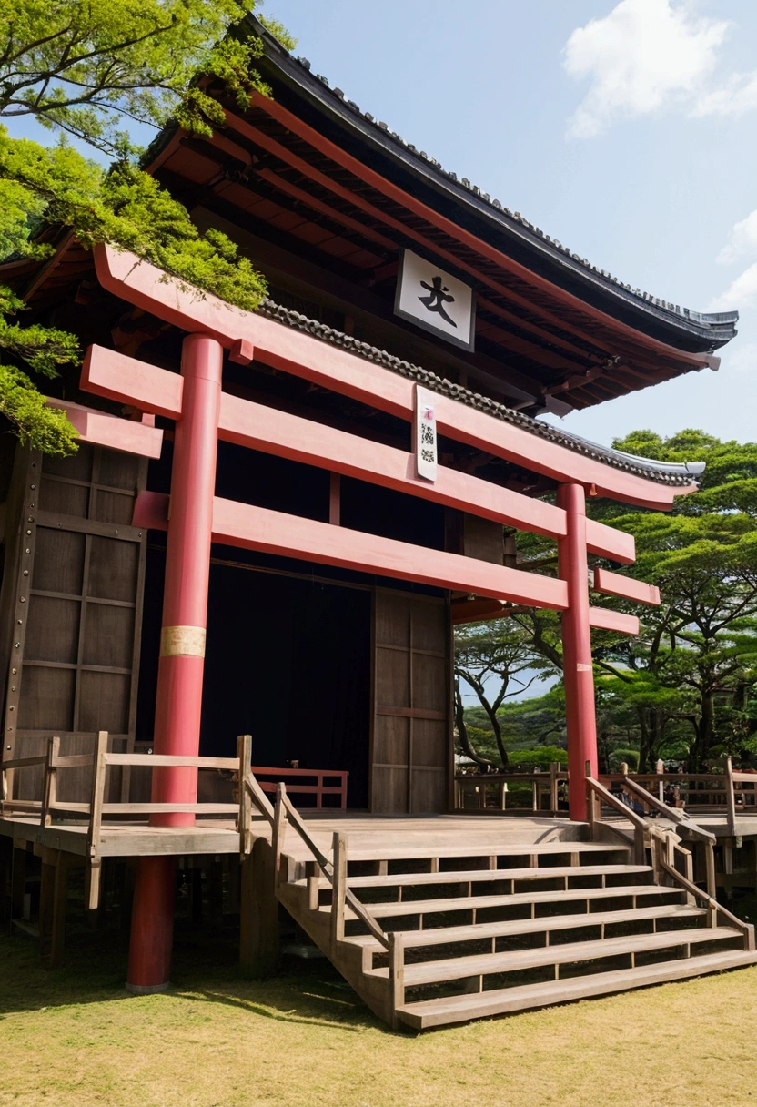 Japan、Yagura、wooden、stage(Image center:1.2)、kitsch、high tech、distinct、Cinematic、Anime influences、ultra modern、Sharp Focus、landscape、stageのアップ、festival