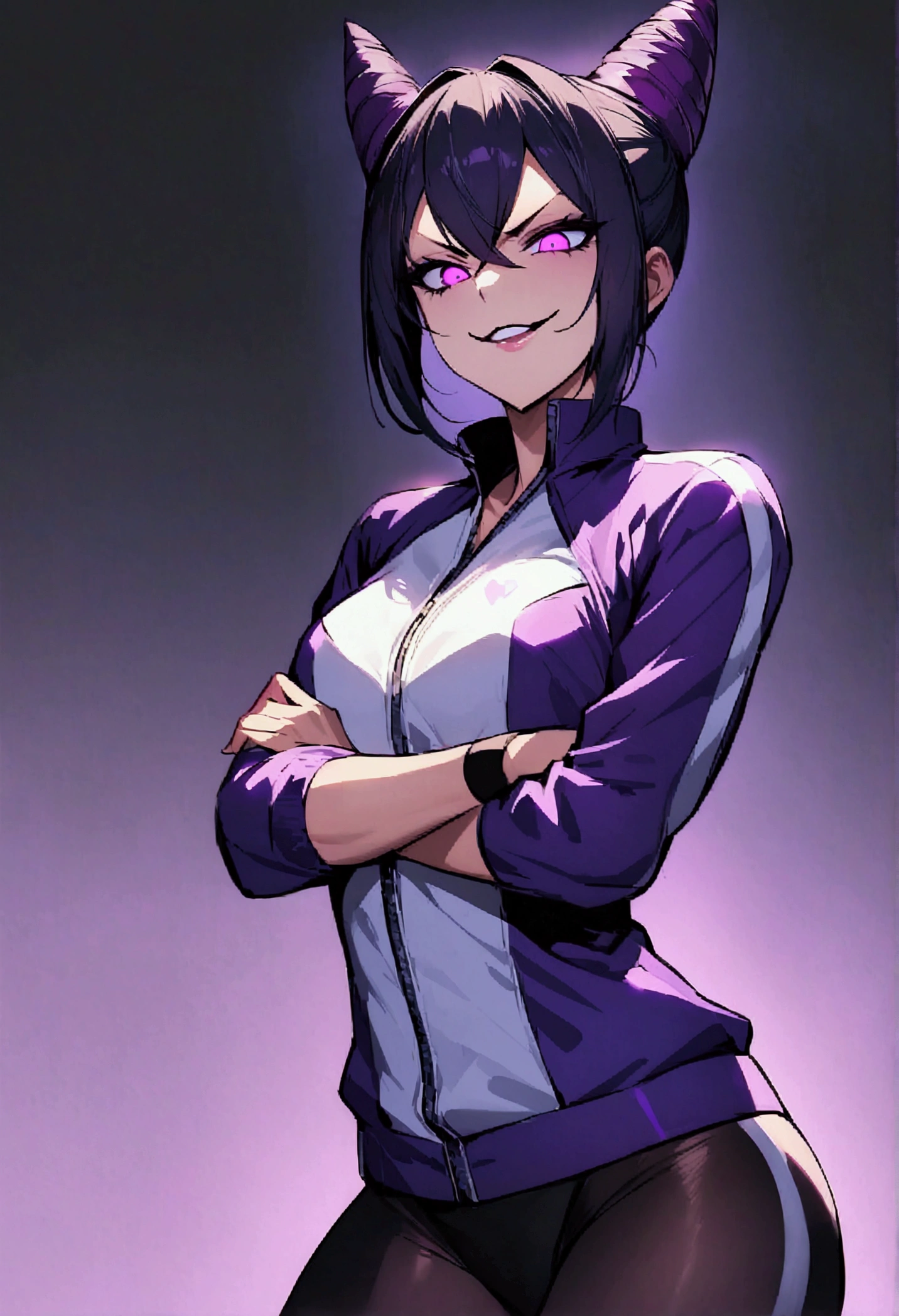 beautiful young fitness woman with , in a gym wearing May with black pantyhose, white and purple fitted gym jacket. standing alone,hair horns,bright purple eyes,Evil smile,legging preto aura roxa,arms crossed eye shadow,whole body