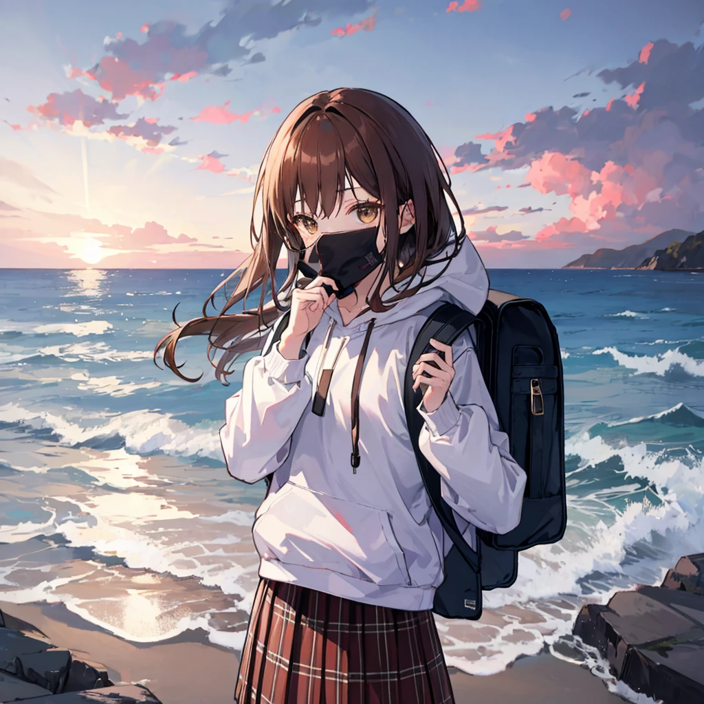 dusk,Brown hair girl,Wearing a white shirt and plaid skirt,The hood covered her face,She carries a backpack on one shoulder,A guitar on one shoulder,Facing the sea。