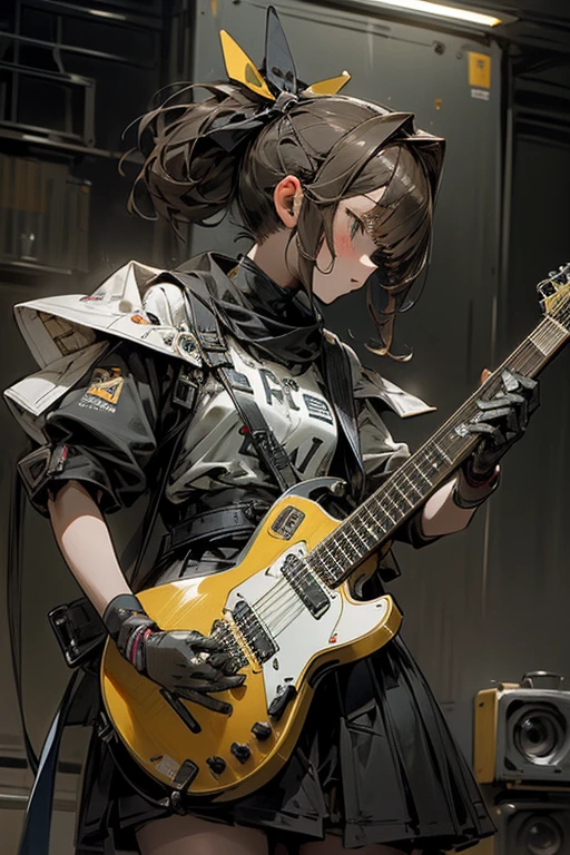 MECA,droid,robot,guitar,1girl,masterpiece,beat quality,superdetailed,super fine illustration,(Break ライブハウス,beautiful background,),pop,(Break she is playing a guitar.)8k,(Break perfect guitar,detailed guitar),