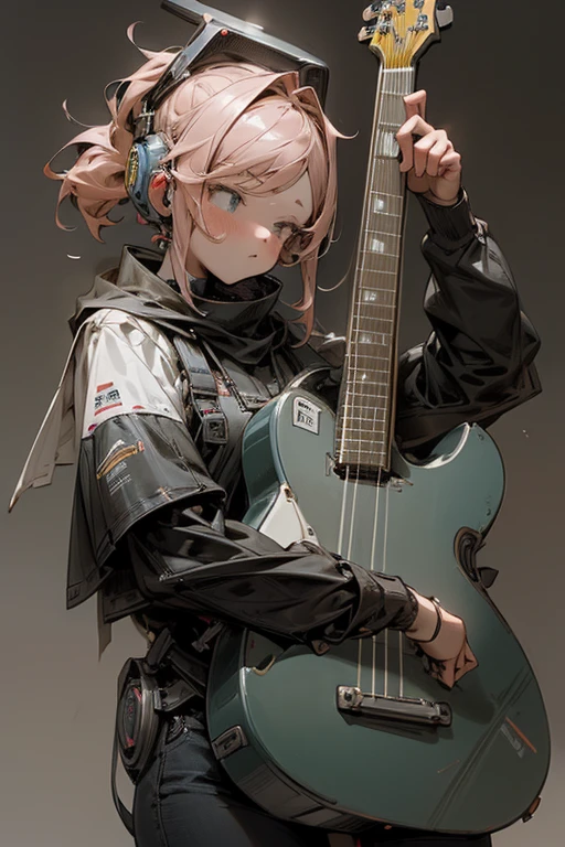 MECA,droid,robot,guitar,1girl,masterpiece,beat quality,superdetailed,super fine illustration,(Break ライブハウス,beautiful background,),pop,(Break she is playing a guitar.)8k,(Break perfect guitar,detailed guitar),
