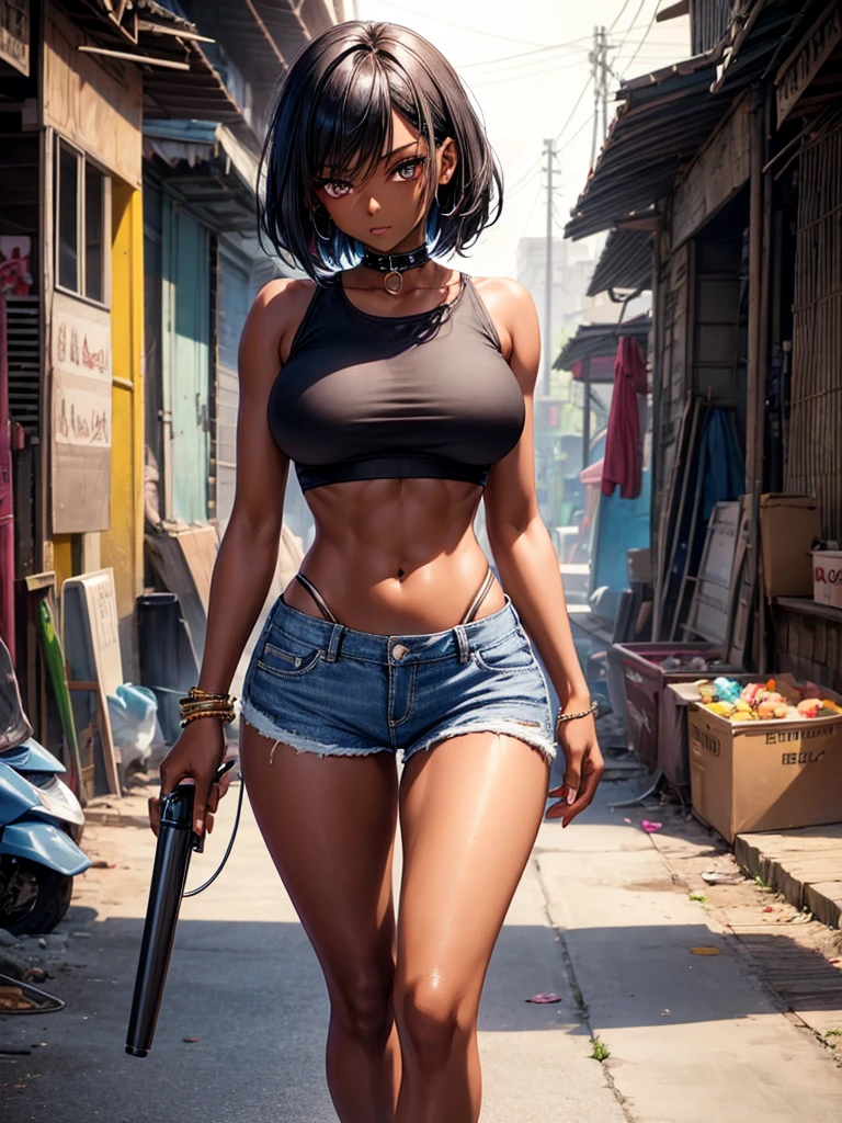 1girl, masterpiece, best_quality, Dark-skinned_female, black hair,_eyes, black_eyes, large_breasts, Gyaru, Make up, Shorts, denim_shorts, crop_top, gothic, navel, midriff, toned, walking in slum (abs:0.8),