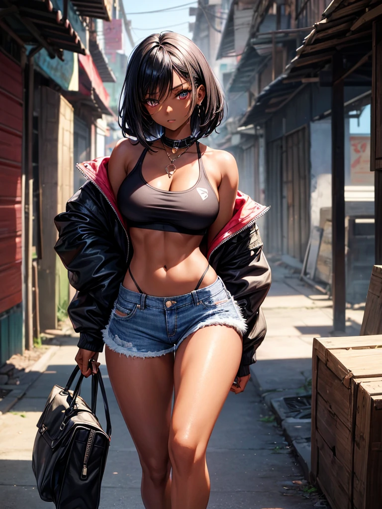 1girl, masterpiece, best_quality, Dark-skinned_female, black hair,_eyes, black_eyes, large_breasts, Gyaru, Make up, Shorts, denim_shorts, crop_top, gothic, navel, midriff, toned, walking in slum (abs:0.8),