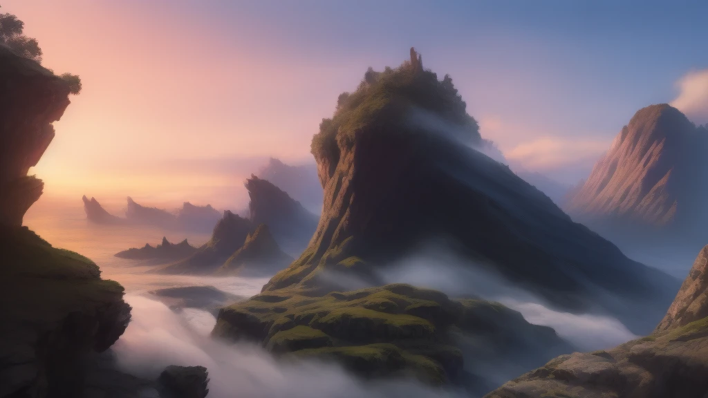 a detailed fantasy landscape, enchanted forests, majestic mountains, inspired by tolkien, in the style of john howe, ruins, ruined fortress, best quality, 4k, 8k, highres, masterpiece:1.2, ultra-detailed, realistic, photorealistic, photo-realistic:1.37, hdr, uhd, studio lighting, ultra-fine painting, sharp focus, physically-based rendering, extreme detail description, professional, vivid colors, bokeh, cinematic