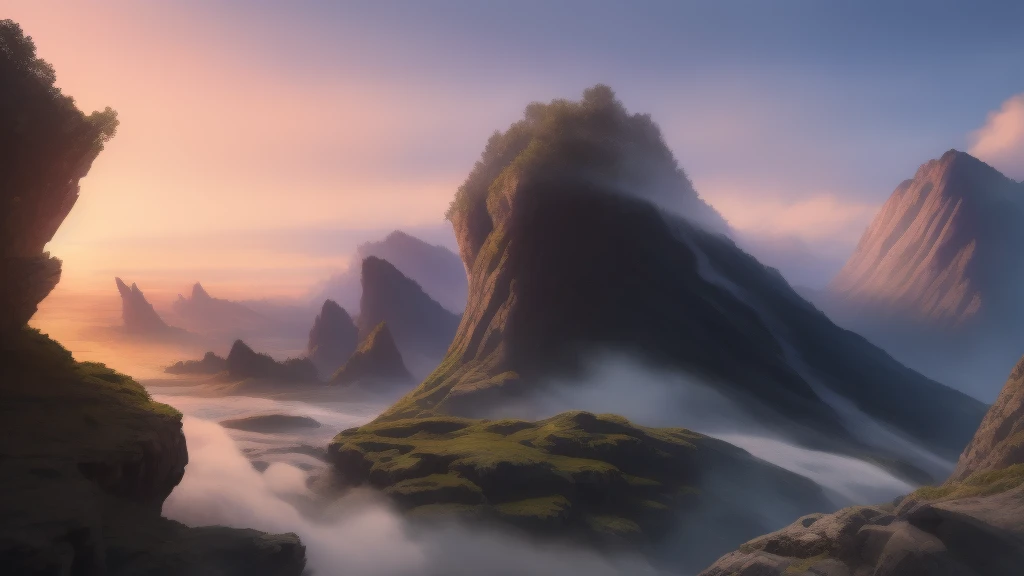 a detailed fantasy landscape, enchanted forests, majestic mountains, inspired by tolkien, in the style of john howe, ruins, ruined fortress, best quality, 4k, 8k, highres, masterpiece:1.2, ultra-detailed, realistic, photorealistic, photo-realistic:1.37, hdr, uhd, studio lighting, ultra-fine painting, sharp focus, physically-based rendering, extreme detail description, professional, vivid colors, bokeh, cinematic
