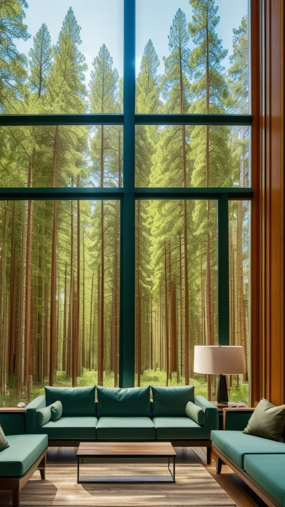 The deep forest green style Forest Glass House living room is surrounded by tall trees, allowing natural light to pour in through large windows. The room is decorated in warm earthy tones, with comfortable seating and soft lighting. The glass wall provides an unobstructed view of the lush surroundings, allowing you to experience the beauty of nature in a comfortable space. The high-definition 4K camera captures the fine details of the bark texture and leaves. This original artistic aesthetic, combined with the modern glass structure, creates a harmonious balance between nature and modernity.