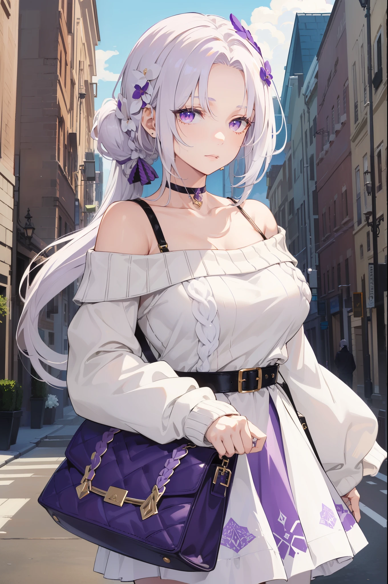 (best quality:1.3), (masterpiece:1.3), (illustration:1.3), (ultra-detailed:1.3), 1girl, (((large breasts))), ((((purple eyes))), (((white hair))), hair ornaments, tall, mature, long hair, ((casual wear, choker, dark purple sweater, off-shoulder sweater, white skirt, modern,)) elegant, city, hair ornament, french braids, nice hands, perfect hands, mature, low ponytail, pantyhose, purse,