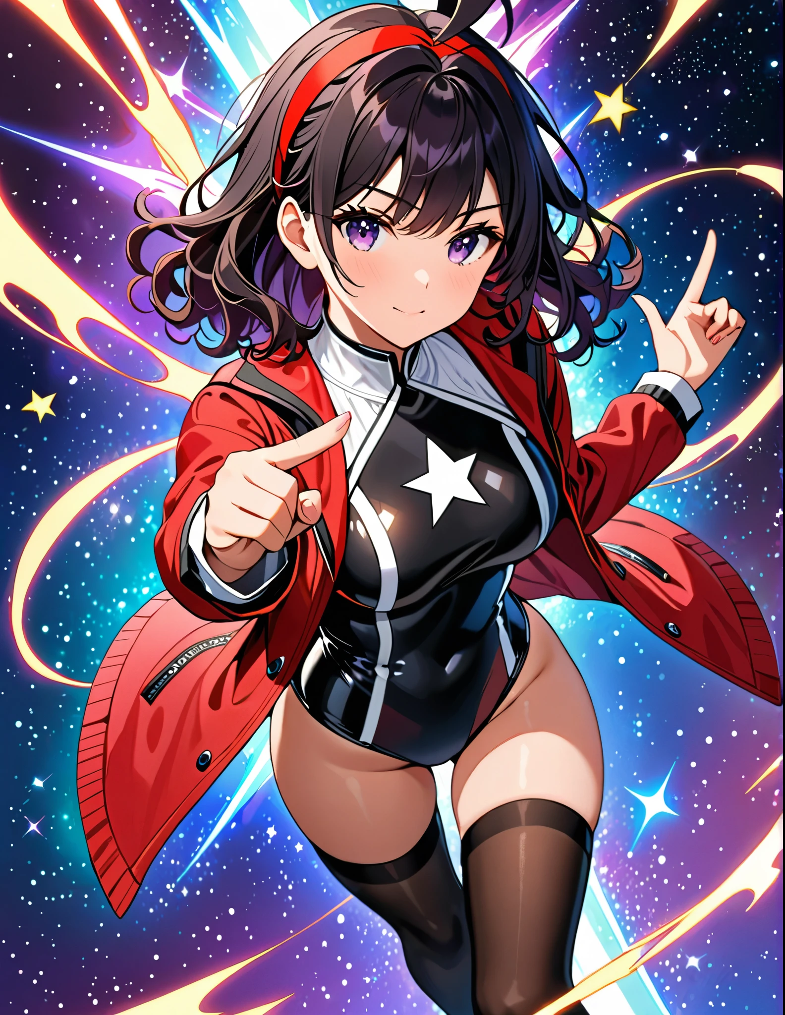 masterpiece, highly detailed, best quality, high quality, solo, solo focus, 1girl, college-age woman, (medium hair, black hair, wavy hair, red hairband), ahoge, (white blouse with black star (symbols), red jacket with star (symbols), open jacket), medium , (black leotard), (bare legs), (black thigh-highs, red high-heel shoes), purple stellar energy around, cosmic power, cosmic shining power. (purple eyes, beautiful detailed eyes), beautiful detailed face, cute face, (perfect hands), complete fingers, perfect anatomy, perfect proportions. (pointing index finger with right hand), (casting a spell). full body costume design, full body, cowboy shot. serious