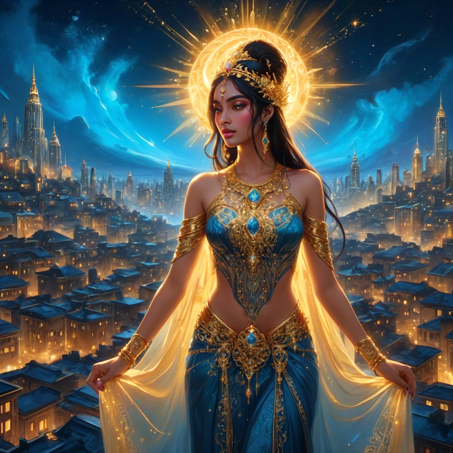 Indian super model woman , golden crown , pink mouth ,Dressed in gold, standing in front of a crescent moon., goddess of heaven, goddess of the moon, anime goddess, beautiful heavenly mage, lunar goddess, Moon Goddess, Golden Lotus Princess, Goddess of the Galaxy, Beautiful Fantasy Empress, ((Beautiful Fantasy Empress)), Goddess and Moon, As the sun goddess,, Goddess of space and time , , Fine gold jewelry , red diamond ,