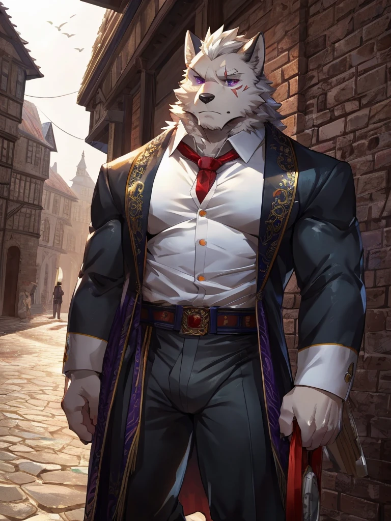 embedding:black wolf, male,purple eyes,Scar on the face, scar on the body,Single person,Smart posture, smart expression,father,Majestic, mob boss.Manor style architecture,Just got off at the gate of the manor.Tall, mature,father，A modern manor,In the courtyard,Gravel road,Serious,Handsome, silent,Maturity,The highest quality of scene detail,adult,Tall and powerful,muscle，Exquisite scenes,Best quality hands, best quality eye，detailed fur，Delicate eyes.Extreme picture quality，by sollyz,by zixiong,by milkytiger1145