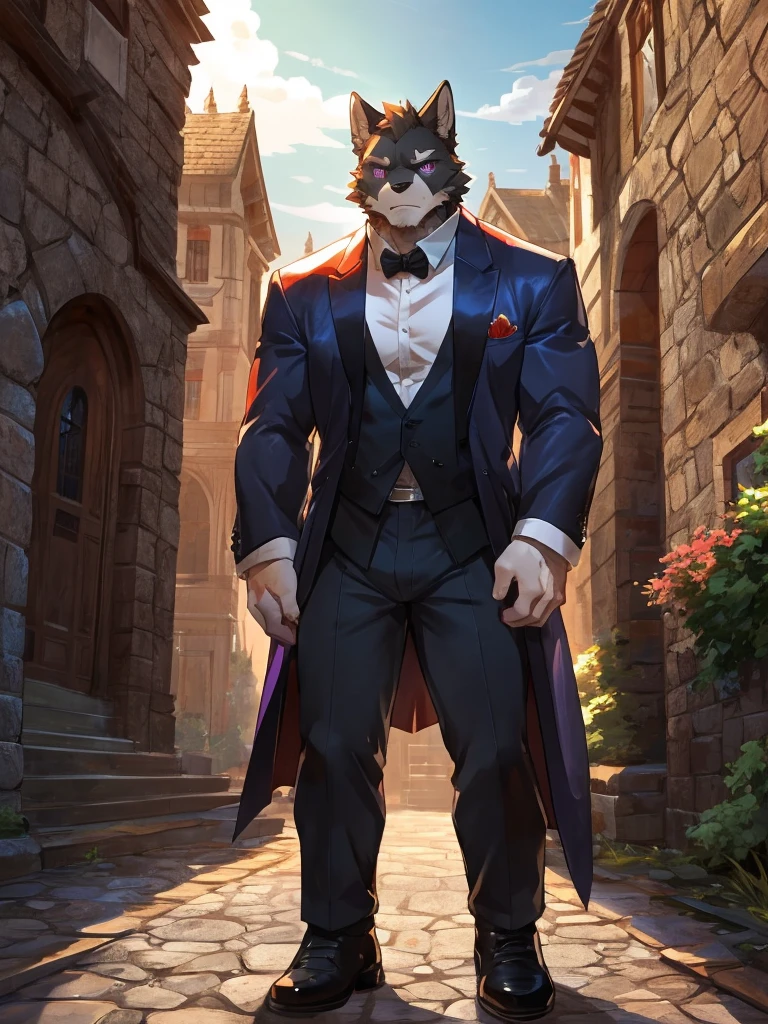 embedding:black wolf, male,purple eyes,Scar on the face, scar on the body,Single person,Smart posture, smart expression,father,Majestic, mob boss.Manor style architecture,Just got off at the gate of the manor.Tall, mature,father,A modern manor,In the courtyard,Gravel road,Serious,Handsome, silent,Maturity,The highest quality of scene detail,adult,Tall and powerful,muscle,Exquisite scenes,Best quality hands, best quality eye,detailed fur,Delicate eyes.Extreme picture quality,by sollyz,by zixiong,by milkytiger1145