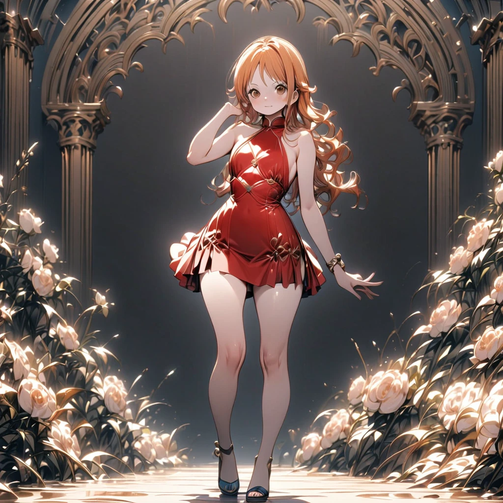 (masterpiece, best quality), intricate details, 1girl, age 19, orange hair, nami, nami \(one piece\), long hair, red halter neck mini dress, sleeveless, high neck, stylish clothes, body fit, plain background, full body, medium contrast, full body shot, (\subject posing for a photoshoot\).