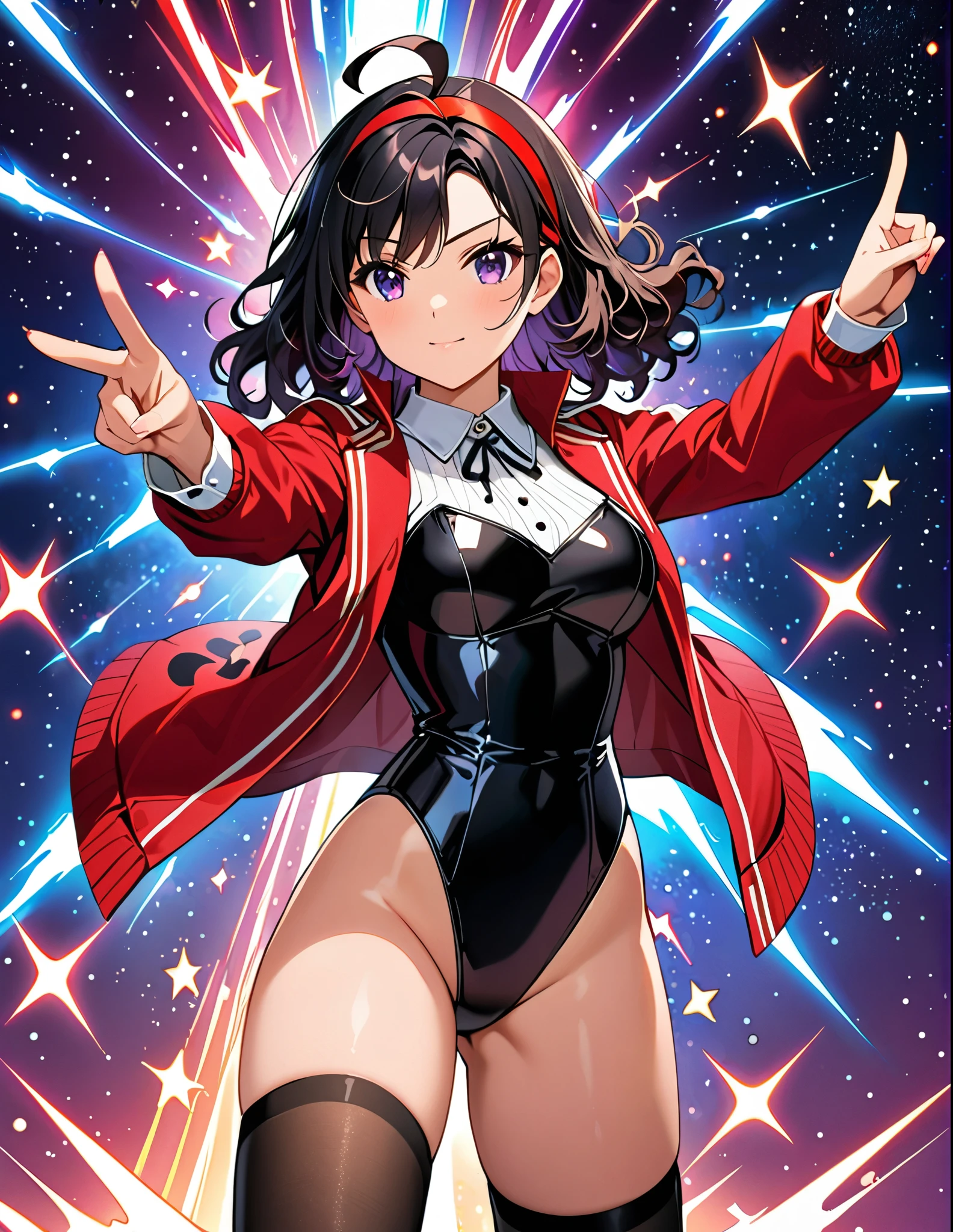 masterpiece, highly detailed, best quality, high quality, solo, solo focus, 1girl, college-age woman, (medium hair, black hair, wavy hair, red hairband), ahoge, (white blouse with black star (symbols), red jacket with star (symbols), open jacket), medium breasts, (black leotard), (bare legs), (black thigh-highs, red high-heel shoes), purple stellar energy around, cosmic power, cosmic shining power. (purple eyes, beautiful detailed eyes), beautiful detailed face, cute face, (perfect hands), complete fingers, perfect anatomy, perfect proportions. (pointing index finger with right hand), (casting a spell). full body costume design, full body, cowboy shot. serious