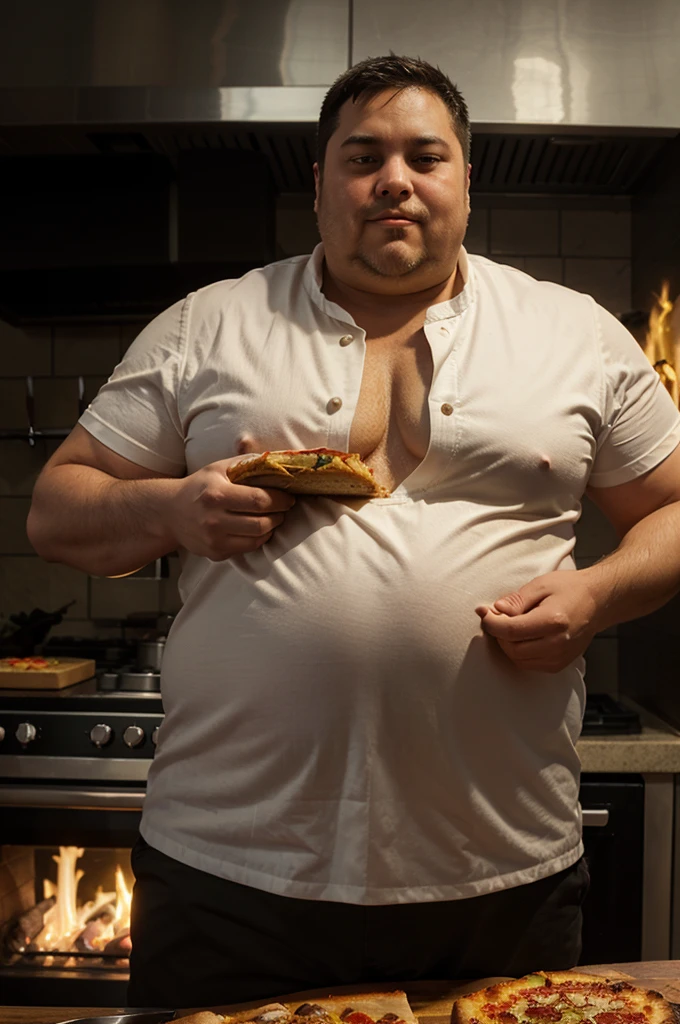 full body), ((fat cat)), cook, in chef's clothes, prepares pizza, hyper-detailed, hyper-realism, sharp frame, cinematic, (background action-packed), lit