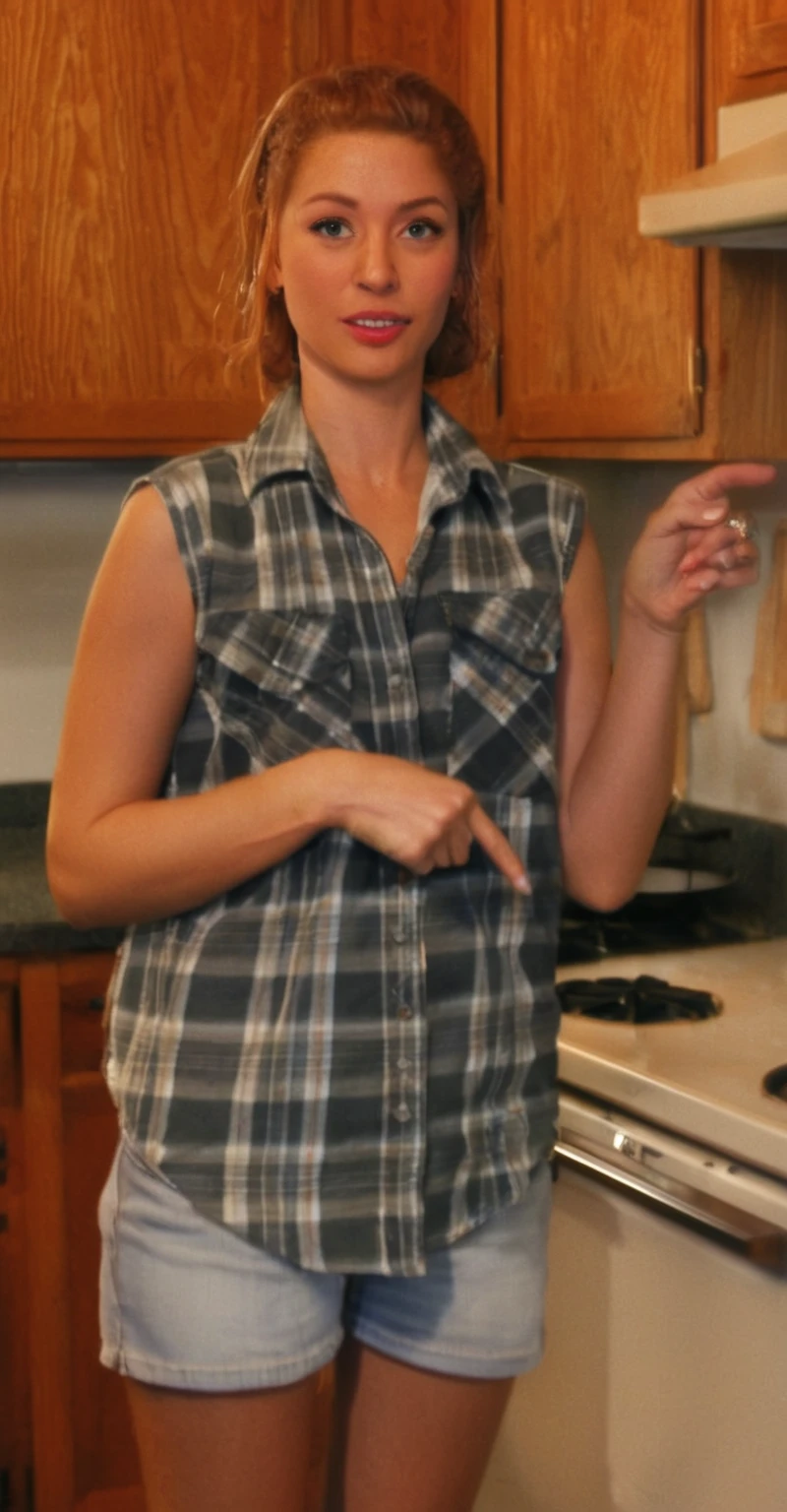 pretty woman pointing at something in kitchen with wooden cabinets, wearing nothing, in the nude, cooking it up, full body close-up shot, mid 20's female, wide shot photo, very sexy, her clothes are transparent