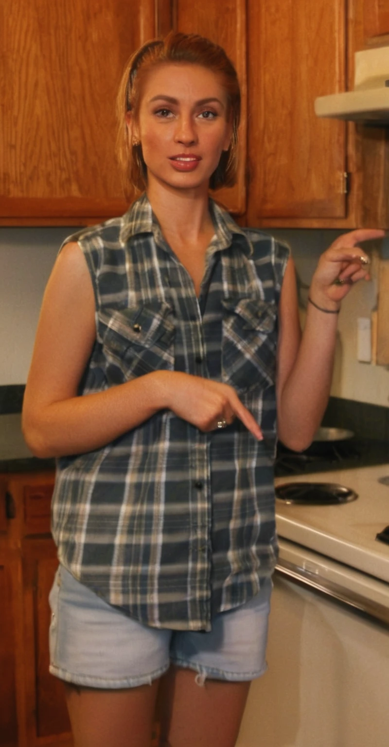 pretty woman pointing at something in kitchen with wooden cabinets, wearing nothing, in the nude, cooking it up, full body close-up shot, mid 20's female, wide shot photo, very sexy, her clothes are transparent