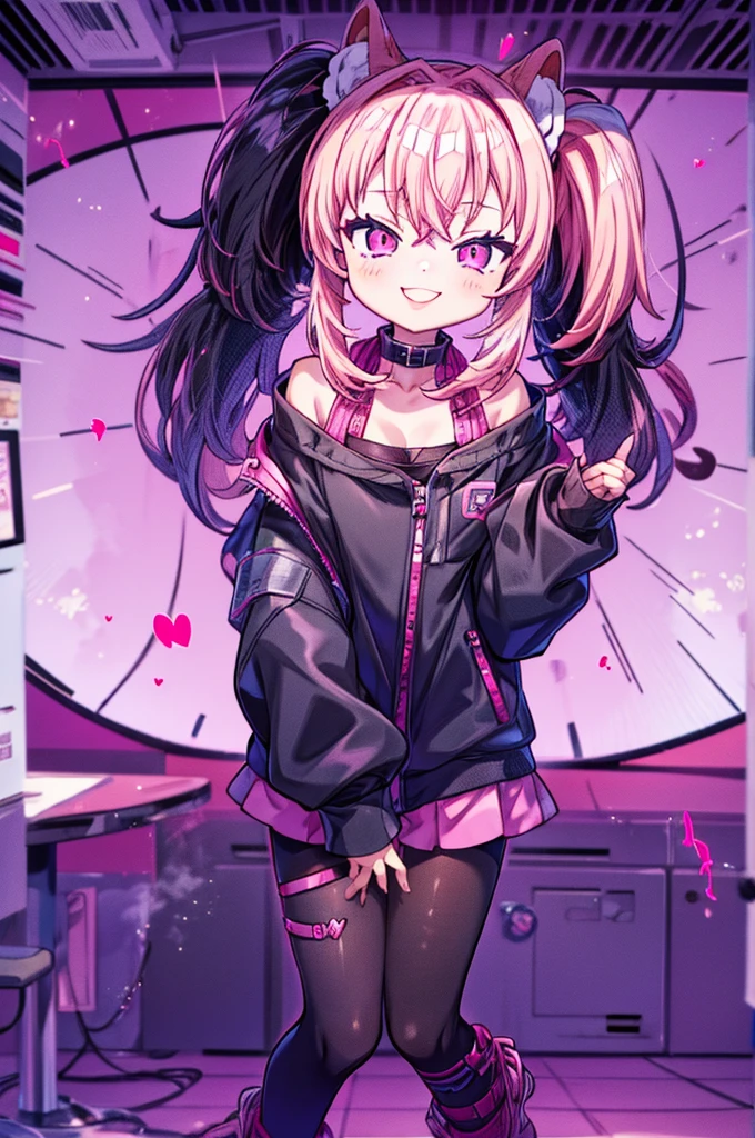 Cute, 1girl, pink hair twintails, black jacket, black tight shorts, see through pantyhose, smile, pink eyes with heart in it, music