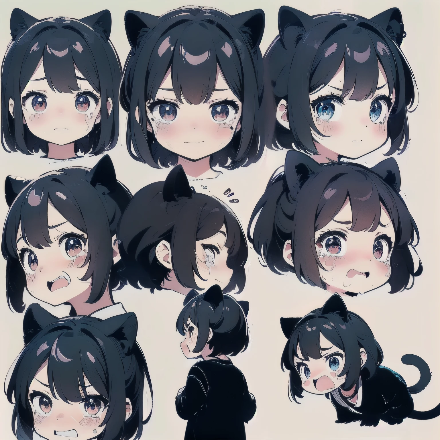 A cute girl,longhair,(cat ears:1.5),expression bag,(((Crying face, Sad face, Excited face,grievance face,playful face,Shy face,puzzled face,A face full of happy laughter,A face that covers its mouth and giggles secretly))),(((Detailed girl portrait table, Front diagram, side view, three quarter view))),(((White background))),(((Complete character illustrations))),Emoticon packages,9 grids,(arranged neatly:1.2, spaced separately:1.2, not overlapping:1.2),9 emoji packs,9 poses and expressions,Disney style,Black strokes,Different emotions,8K,(stickers),(emoji),(biaoqing),(white background), best quality,ultra,detailed,masterpiece,hires,extremely detailed CG untiy 8k wallpaper,painting,illustration,anime,game cg,