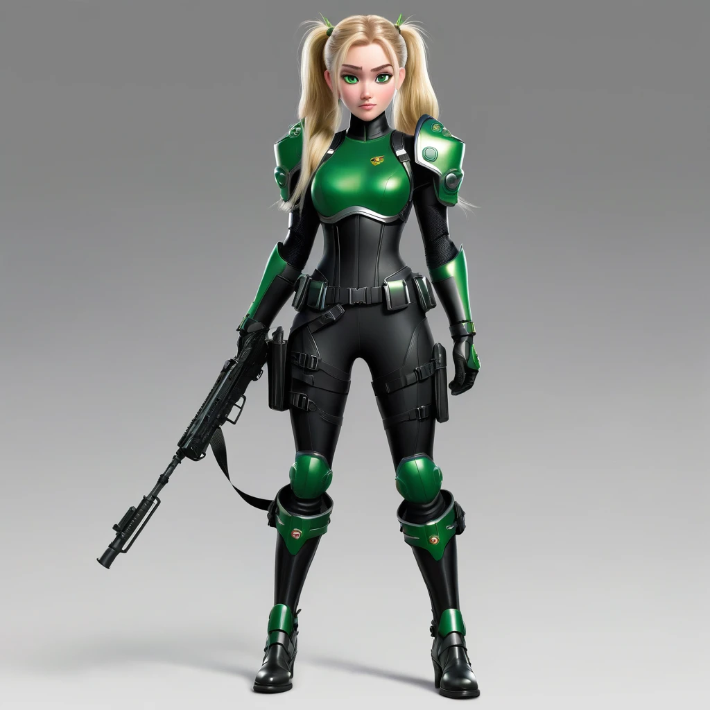A character in a realistic Pixar style, square format, with long blond hair tied into high twin ponytails with larger black ribbons, pale skin, focused and determined expression, large expressive green eyes, black form-fitting suit with green armored sections, silver detailing and straps, black tight-fitting pants with green patches, tall white armored boots with green and black accents, black fingerless gloves with silver detailing, utility belt with pouches and holsters, silver protective plates on forearms and shins, holding and aiming a large machine gun, a holstered sidearm on the left thigh, standing in a ready position, slightly angled with one leg forward, conveying confidence and readiness for combat.