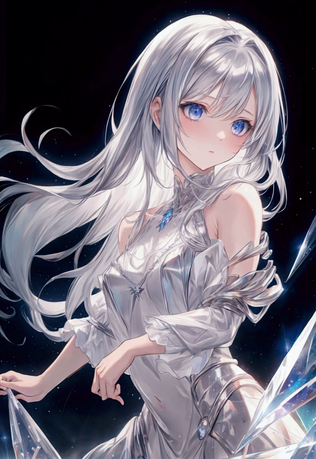 silver hair, crystal hair, Surrealism, anime, Hyperrealism, lens flare, 8k, super detail, UHD, masterpiece, accurate, anatomically correct, textured skin, super detail, high details, high quality, award winning, best quality, highres

**Theme**: Beginner girl

**Character Details**:
- **Hair Color**: Silver
- **Personality**: Quiet but curious
- **Clothing**: Cute dress

**Background**: Starry sky
