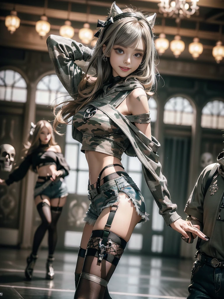 (Side view:1.1)、(Beautiful skin, lips and nose:1.4)、(Smiling with teeth showing:1.3),(Fashion Model:1.5)、(Gothic ta delicately decorated battle uniform:1.5)、(Moss green off-shoulder hoodie:1.5)、(Black, silver and white shorts:1.4)、(denim garter belt:1.5)、(Black and camouflage knee socks:1.3)、(Skull Silver Accessories:1.5)、(Lace collar:1.3)、(Brown Skin Belt:1.4)、(Brown boots:1.2)、(Underwear has polka dots:1.4)、23 years old、((Highest quality、In 8K、masterpiece:1.3))、Sharp focus:1.2、(Layered Cut、Huge boobs:1.1),Beautiful woman with perfect figure:1.4、(Dancing vigorously:1.3)、Slender Abs:1.2、Highly detailed face and skin texture、Detailed eyes、double eyelid,(Bob Hair:1.3)、(Brown-golden hair:1.3)、Gravure idol、(The background is a luxurious dance hall.:1.3)、(Slim Body:1.2),(Make your legs thinner:1.4),(clavicle:1.1)