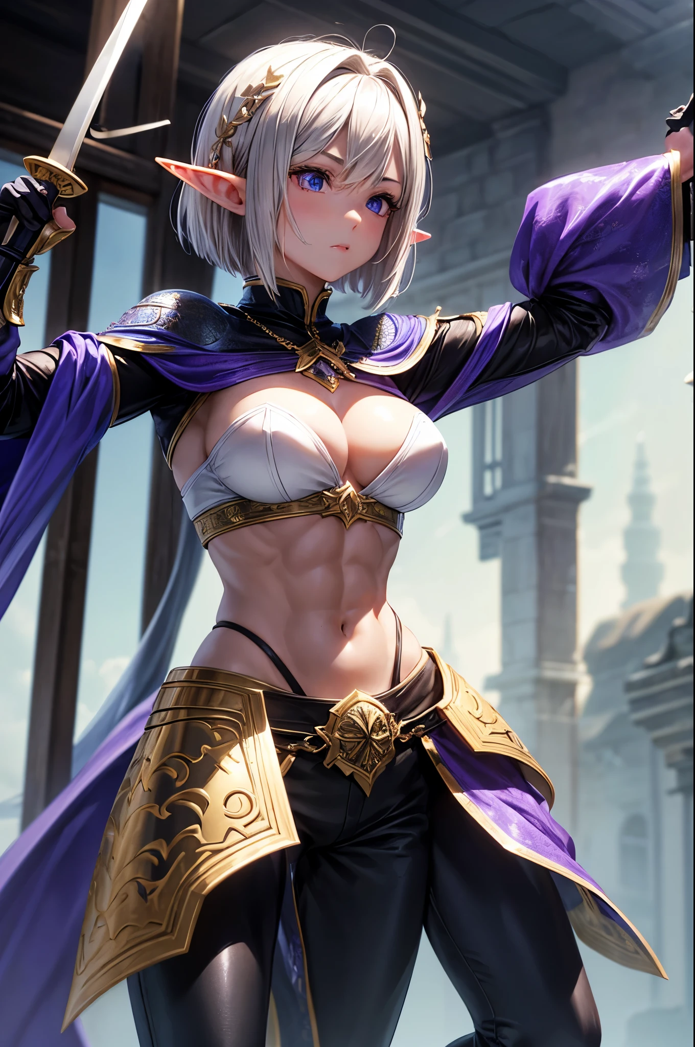 8k、Blonde short bob hair elf、Super Beauty(Realistic)、Alafeid woman dressed in purple and black、Ultra-detailed fantasy characters、3D Rendering Character Art、blue eyes、Detail Fantasy、Stunning Armor、Amazing character art、Gorgeous Female Paladin、Ultra-high resolution、Ultra-Realistic Skin、Beautiful expression、Sexy Appearance、Fascinating、Beautiful small breasts、Rich colors、Backlight、Cinema Lighting、Film Grain、50mm lens、Nikon D850、Fantasy art、In the dark dungeon、make、Elf Ears、Very muscular and slim build、Very strong and toned abdominal muscles腹筋(Six Pack)、Silver hair ornament(one point)、Purple and black combat pants、湾曲した銀2Hold two swords in each hand、Preparing for battle、Short blonde bob,Strengthen all body muscles,Very strong and toned abdominal muscles(Six Pack),2Hold two swords in each hand,Silver hair ornament,Amazing muscles,Bodybuilder,Dynamic fighting pose,Black and purple combat trousers,