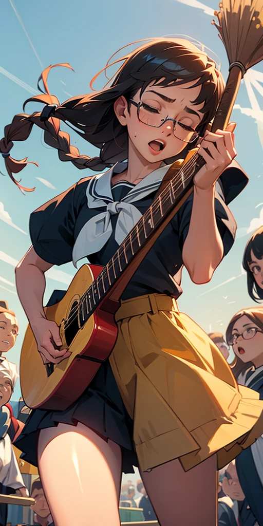 ((masterpiece, best quality)), 1female\(playing the guitar\((guitar is a broom:1.5)\),high school student,intense movements,(dynamic action:1.3),long braid hair,hair color black,high jumps,hair floating,hair dancing hard,splashing sweat,shining sun,sailor uniform,loafers,wearing glasses,solo performance,shouting loud,eyes closed hard\), background\(back of school,outside,many cats as audience\),(dynamic angle), BREAK ,quality\(8k,wallpaper of extremely detailed CG unit, ​masterpiece,hight resolution,top-quality,top-quality real texture skin,hyper realisitic,increase the resolution,RAW photos,best qualtiy,highly detailed,the wallpaper,cinematic lighting,ray trace,golden ratio\), best qualityer，8K， masterpiece, high resolution, two tone lighting, (high detail skin：1.2), beautiful face, gentle illumination, ((blank background))