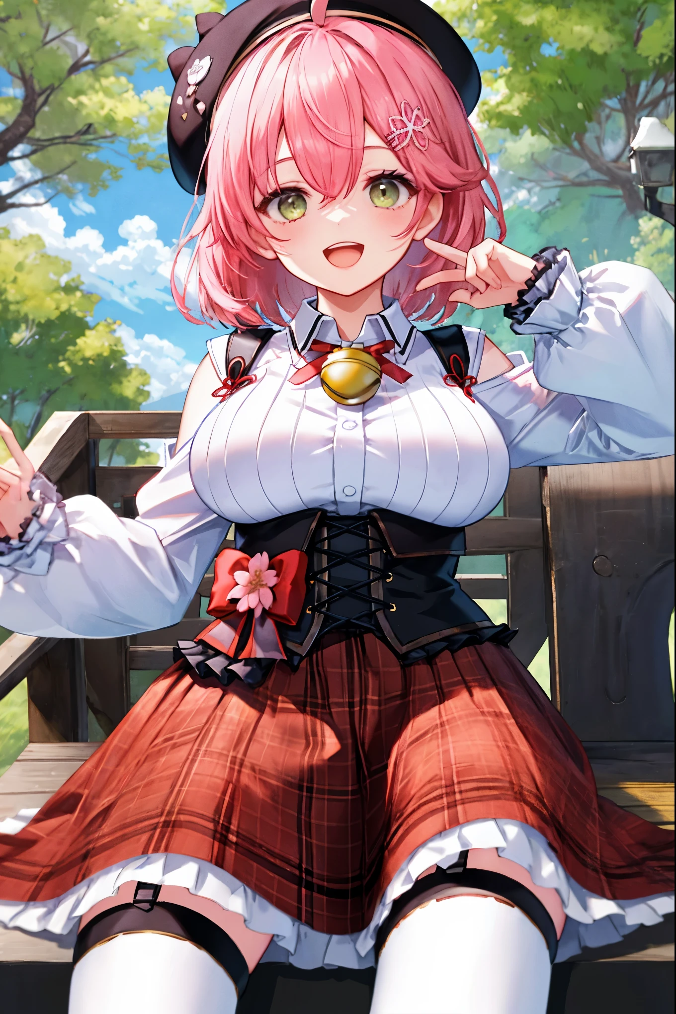 masutepiece, Best_Quality, hight_resolution, miko2,Ponytail, 1girl, Ahoge, black headwear, Hair Ornament, White shirt, black thighhighs, Pink hair, Red_skirt, very_short_skirt, plaid skirts, garter_strap, Collared shirt, hair clips, frilld, Bangs, hair between eye, frills skirt, beret, Pleated skirt, Hair Flower, Neck bell, , puffy long sleeves, Black bow, Underbust, Cowboy Shot,Smile, (large_breasts:1.3),covered_nipples, green_eyes, happy, childlike_posing,spread_legs,(big_smile:1.2),plump,open_mouth,shout,half_eyes,cherryblossom_park_landscape_background,