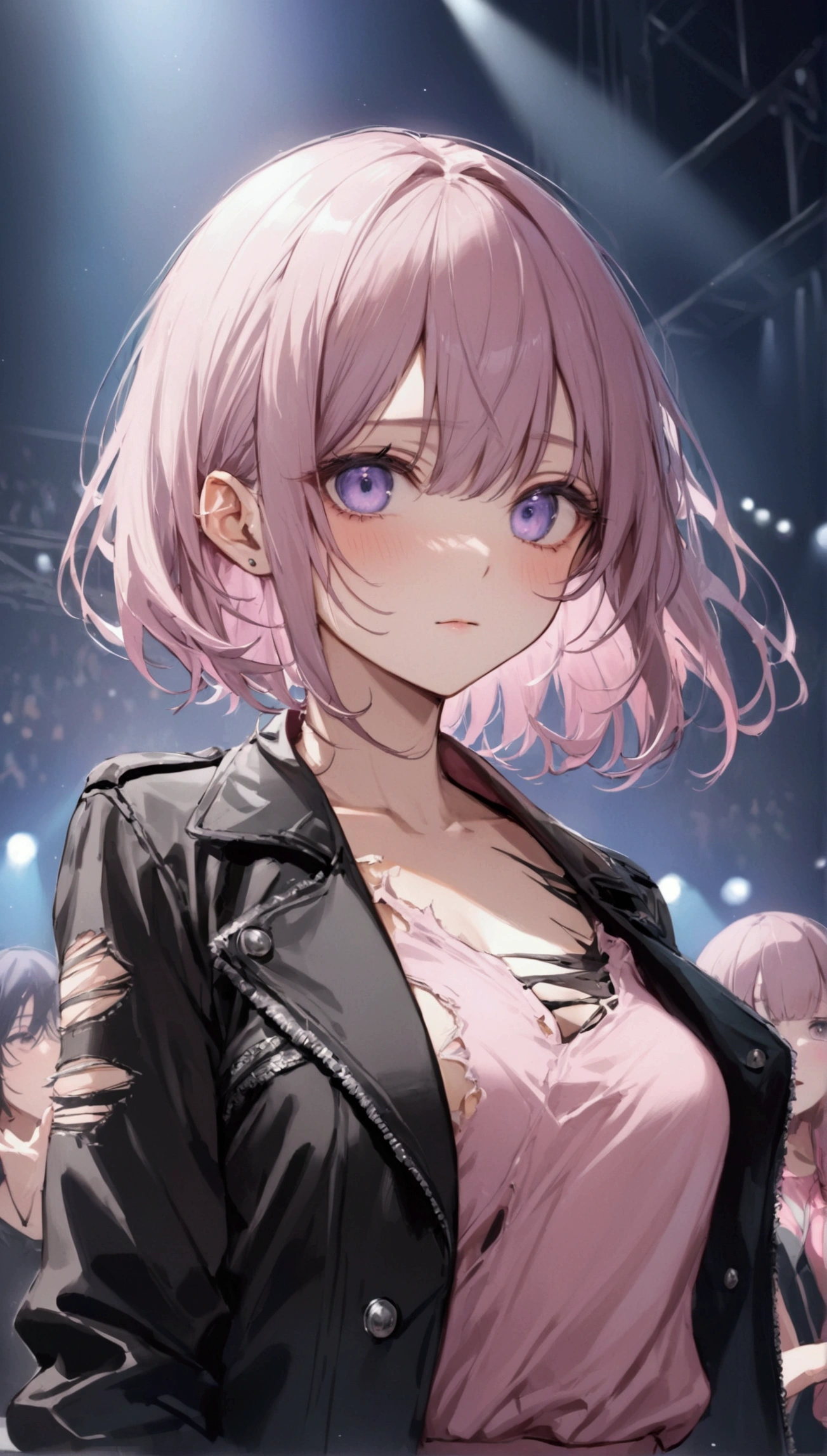 Masterpiece, best quality, 1 girl, upper body, Jiro, Detailed eyes, pink shirt, black jacket, Torn clothes, concert, (stage)