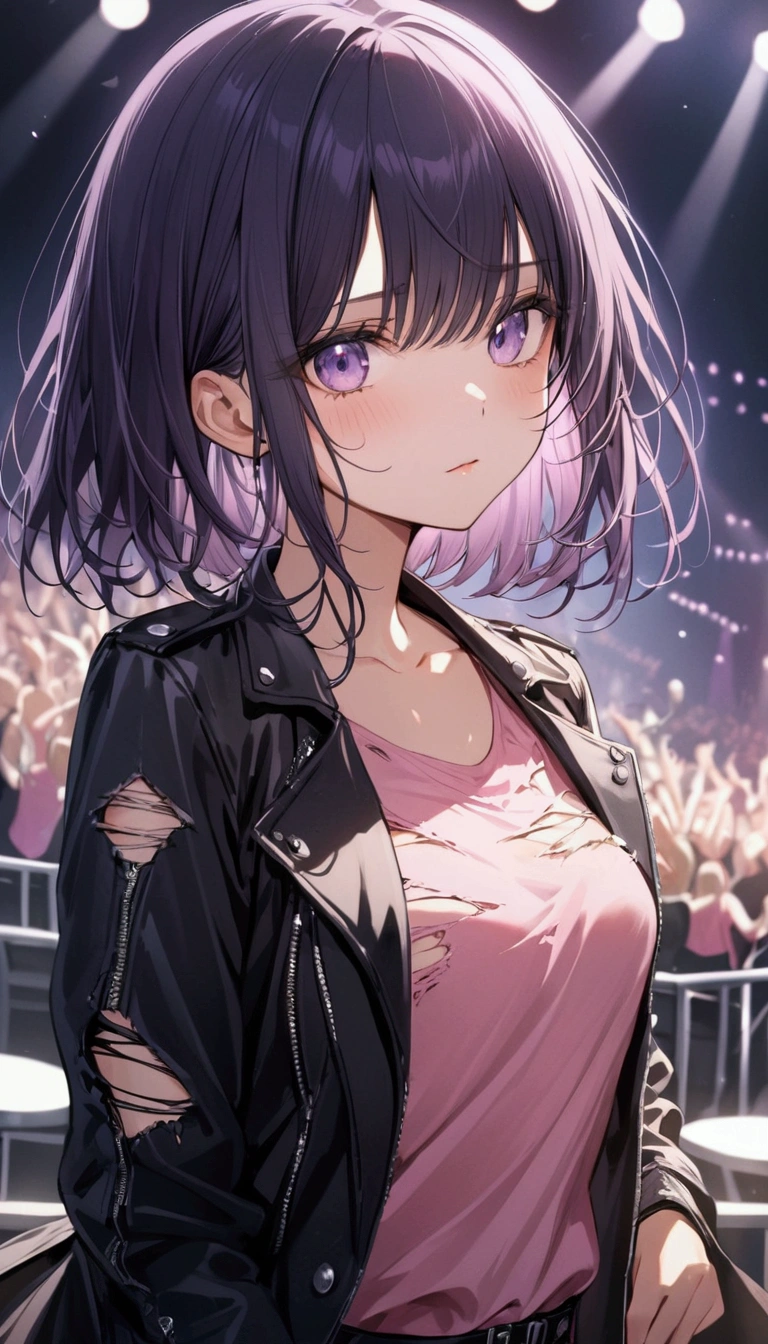 Masterpiece, best quality, 1 girl, upper body, Jiro, Detailed eyes, pink shirt, black jacket, Torn clothes, concert, (stage)