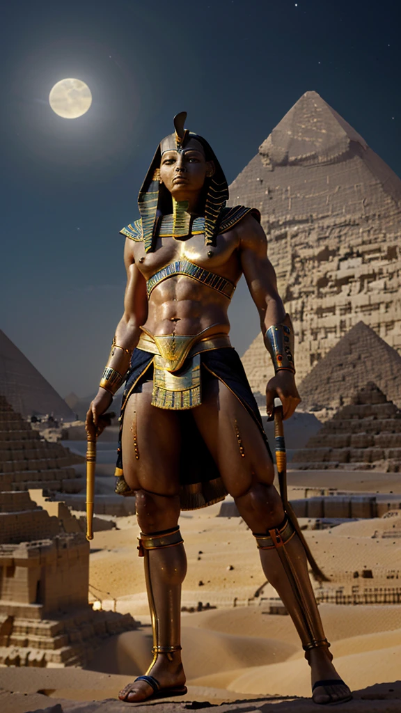 Egypt:
* Warrior: An ancient Egyptian pharaoh fused with cybernetics, wielding a staff.
* Background: The majestic Pyramids of Giza under the moonlight.
* Colors: Red, white, and black, inspired by the Egyptian flag.