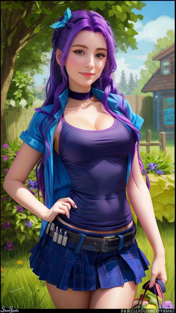 A close-up of a girl with purple hair and a blue jacket, Abigail from Stardew Valley, realistic artistic style,