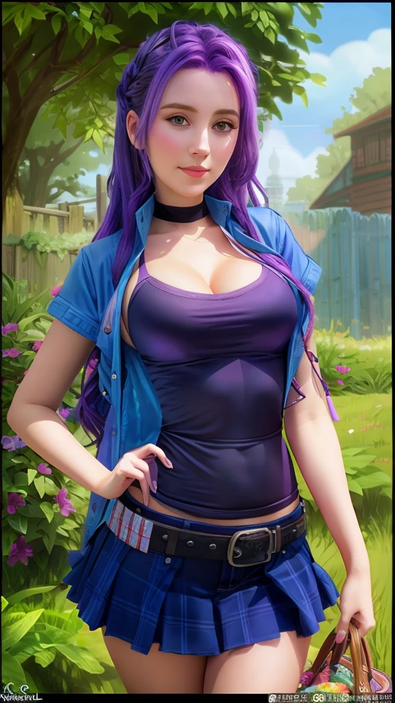 A close-up of a girl with purple hair and a blue jacket, Abigail from Stardew Valley, realistic artistic style,