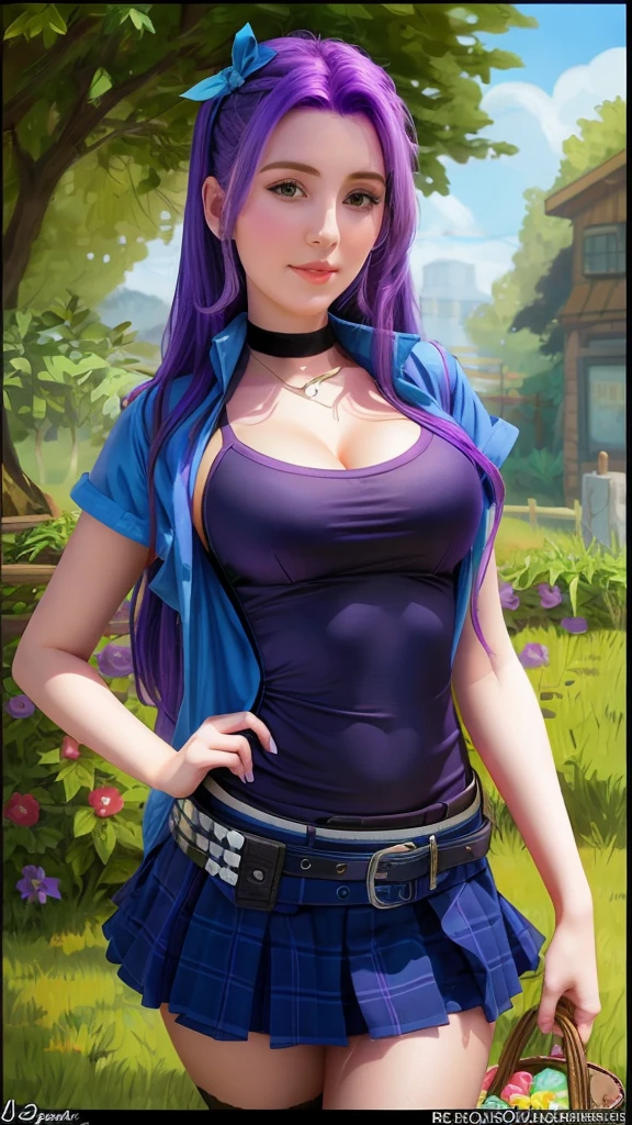 A close-up of a girl with purple hair and a blue jacket, Abigail from Stardew Valley, realistic artistic style,