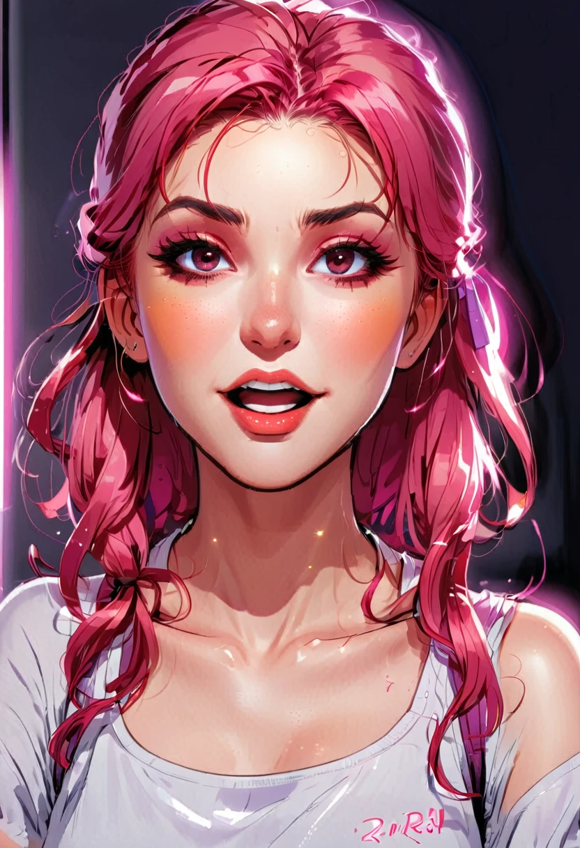 radiance: 1.0), (bright, Sketch, drawing: 1.0), 1 girl, hits, red eyes bright relucent light in hair, blush, clavicle, hair between the eyes, by the wide, looking at the viewer, GOOD, open mouth, pink hair, portrait, bright, bright hair, side ponytail,