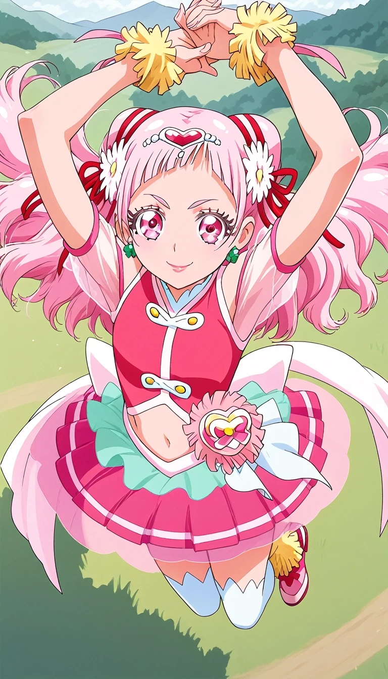 score_9, score_8_up, score_7_up, cure yell, flying, spread arms , stretching hands raise up,cowboy shot,from above,background mountain, serious smile,glossy lips,looking front
