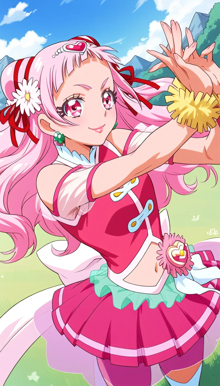 score_9, score_8_up, score_7_up, cure yell, flying, spread arms , stretching hands raise up,cowboy shot,from above,background mountain, serious smile,glossy lips,looking front