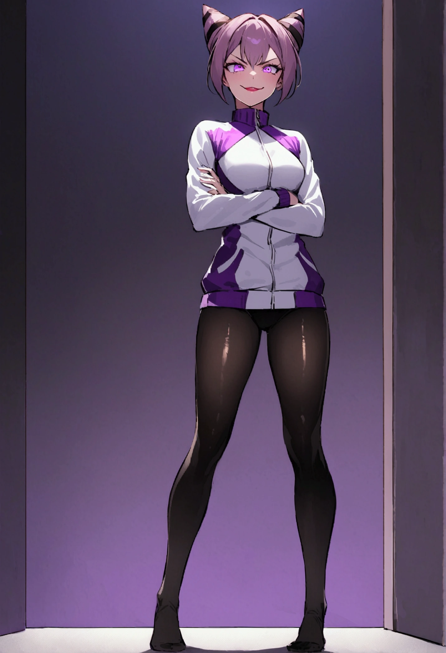 beautiful young fitness woman with , in a gym wearing May with black pantyhose, white and purple fitted gym jacket. standing alone,hair horns,bright purple eyes,Evil smile,legging preto aura roxa,arms crossed eye shadow,whole body