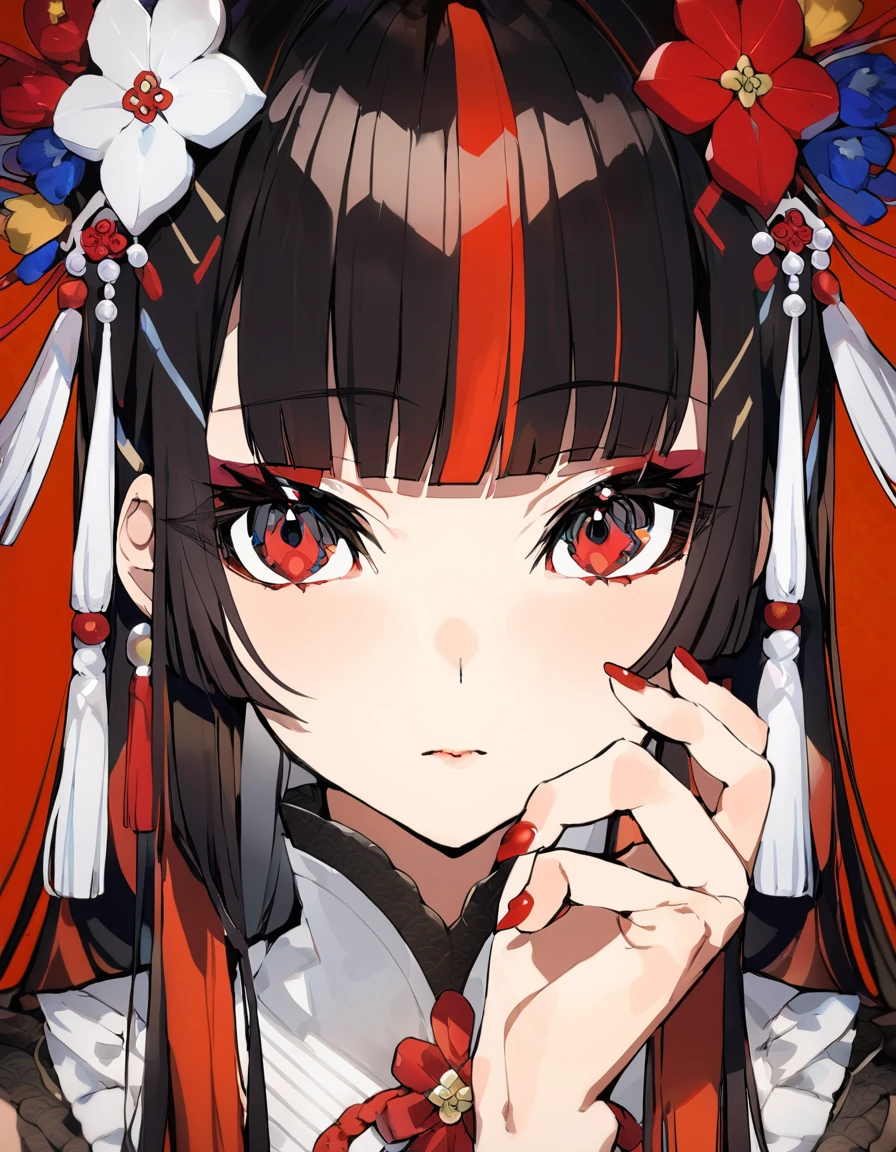 masterpiece, best quality, 1girl, solo, red nails, looking at viewer, bangs, red eyes, long hair, nail polish, black hair, hair ornament, hand up, flower, blunt bangs, closed mouth, tassel, ribbon, portrait, colorful, red background, frills, multicolored hair, upper body, fingernails