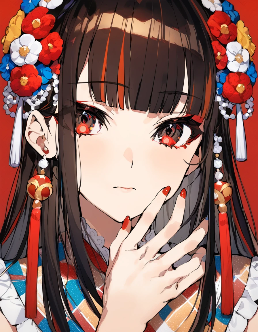 masterpiece, best quality, 1girl, solo, red nails, looking at viewer, bangs, red eyes, long hair, nail polish, black hair, hair ornament, hand up, flower, blunt bangs, closed mouth, tassel, ribbon, portrait, colorful, red background, frills, multicolored hair, upper body, fingernails
