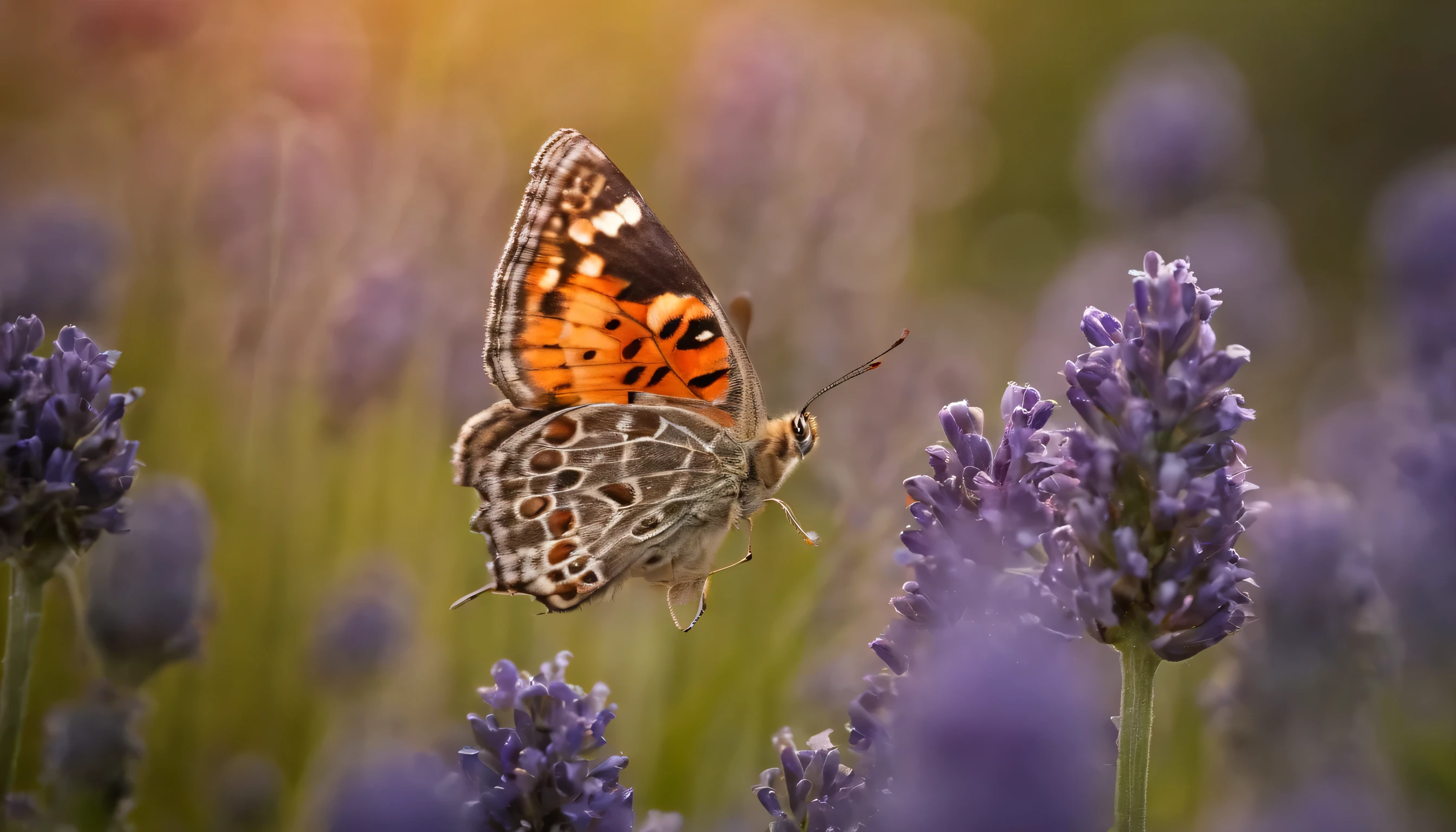 A macro photograph of a butterfly is extremely beautiful in 8k against the background of a lavender field