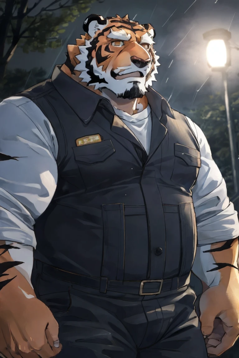 construction place, male,40 years old，Uncle， solitary, ((Round Face, The face is plump,Orange eyes, scars)), ((Endomorph, Handsome，Hot Blood)), （construction worker suit，No electricity，exhaustion), ((domestic tiger, tiger，) Fluffy fur, Fluffy), Bokeh, (high quality, high resolution, masterpiece), (Dynamic Lighting, Vibrant colors), (Revitalize，harm，Disdain), Full body picture (close up), cartoon, author：Takemoto Arashi, From zixiong, By Chunni, author：Empty Ghost，（background：Rainy forest）(by bontiage:1), ultra-detailed, portrait, cinematic lighting, dramatic shadows, moody lighting, gritty, rugged, muscular, grease stained, dirty, mucky, greasy, rough, mature, intense expression, piercing gaze.
