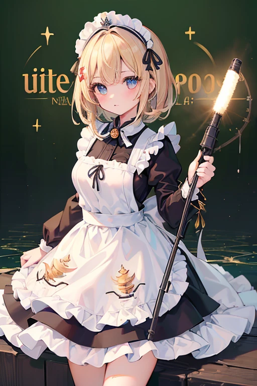 ((Highest quality:1.6)), ((masterpiece)), (detailed), (Perfect Face), (detailedなイラスト:1.6), (Ultra-high resolution:1.6), girl, Concentrated face, cute, Blonde, Small breasts, Black and white maid outfit, Blue ribbon, White apron, Gothic maid outfit, Long, Above the Battlements, On the wall, Defend the castle, European Castles(Sniperrifleで狙撃:1.6), Sniper, Sniper, ロングレンジrifle, Sniperrifleを構えてる, rifle, gun,