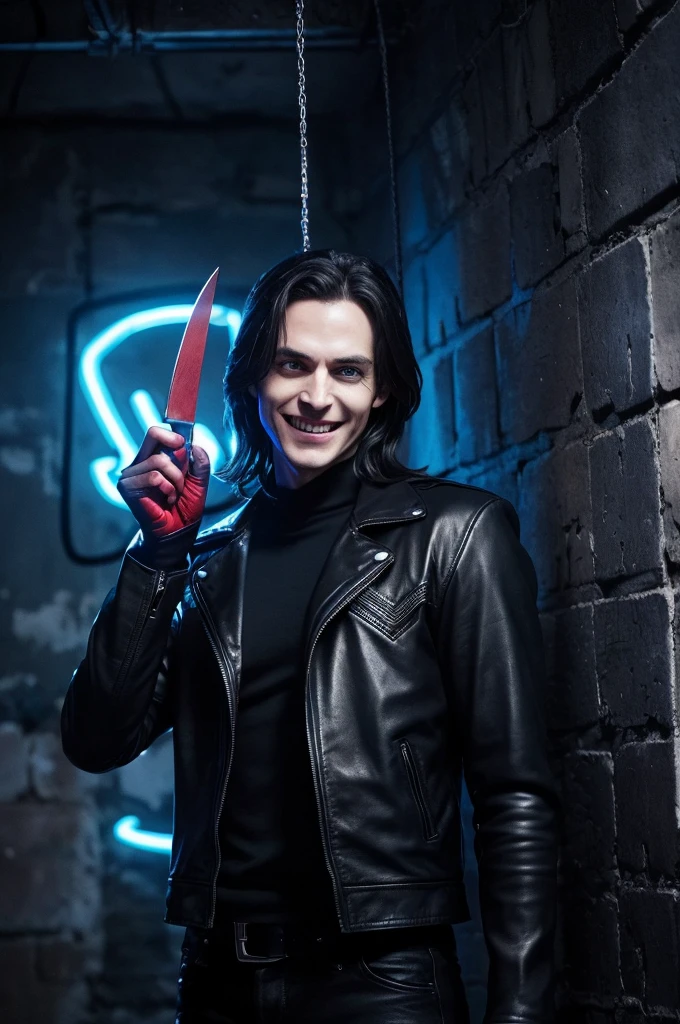 Spiderman Ultra Realistic, dark vibes, alone, blue eyes, Black leather jacket, (Holding a knife:1.1), dark lighting, Standing in a BDSM dungeon room background, an  ominous, sexy, Charm, evil魔, Incubus, evil, dark, Sadistic expressions (Grin:1.1), (There is a red neon sign in the background、 "context":1.1)